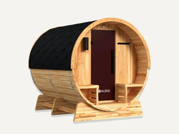 Image: alekoproducts.com Aleko Liatris Rustic Cedar Barrel Sauna with Front Porch Canopy, 5-6 Person (SB6CED-AP)