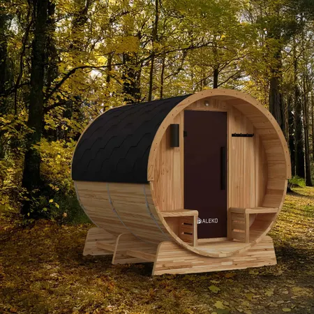 Image: alekoproducts.com Aleko Liatris Rustic Cedar Barrel Sauna with Front Porch Canopy, 5-6 Person (SB6CED-AP), photo 2 of 9