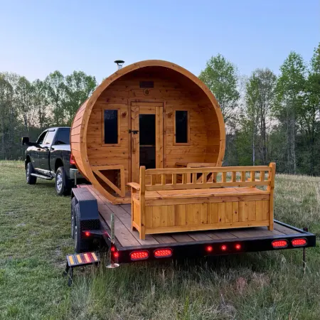 Image: saunaplace.com Heritage Sauna Mobile Flat Barrel Sauna Trailer 6-8 Person with HUUM Heater, photo 2 of 11