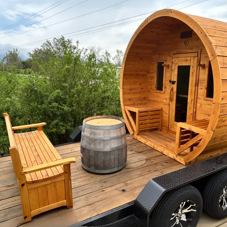 Heritage Sauna Mobile Flat Barrel Sauna Trailer 6-8 Person with HUUM Heater, photo 3 of 11