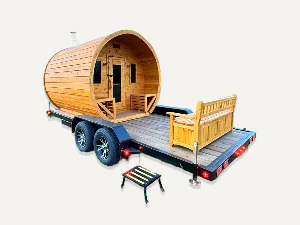 Image: saunaplace.com Heritage Sauna Mobile Flat Barrel Sauna Trailer 6-8 Person with HUUM Heater